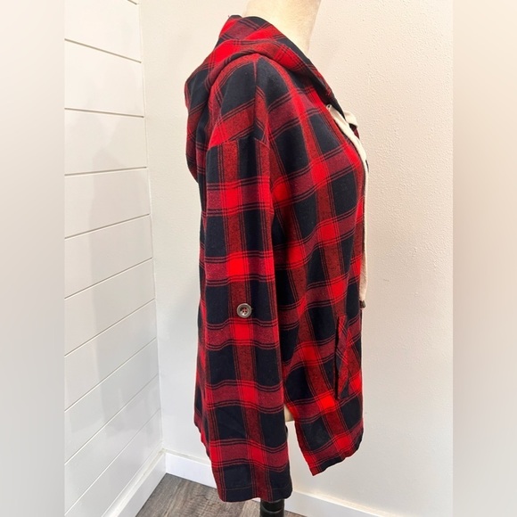 SHE + SKY HOODED LACE NECK FLANNEL SZ MEDIUM HILO NUBBY COTTON BLACK RED CHECK - Picture 2 of 11